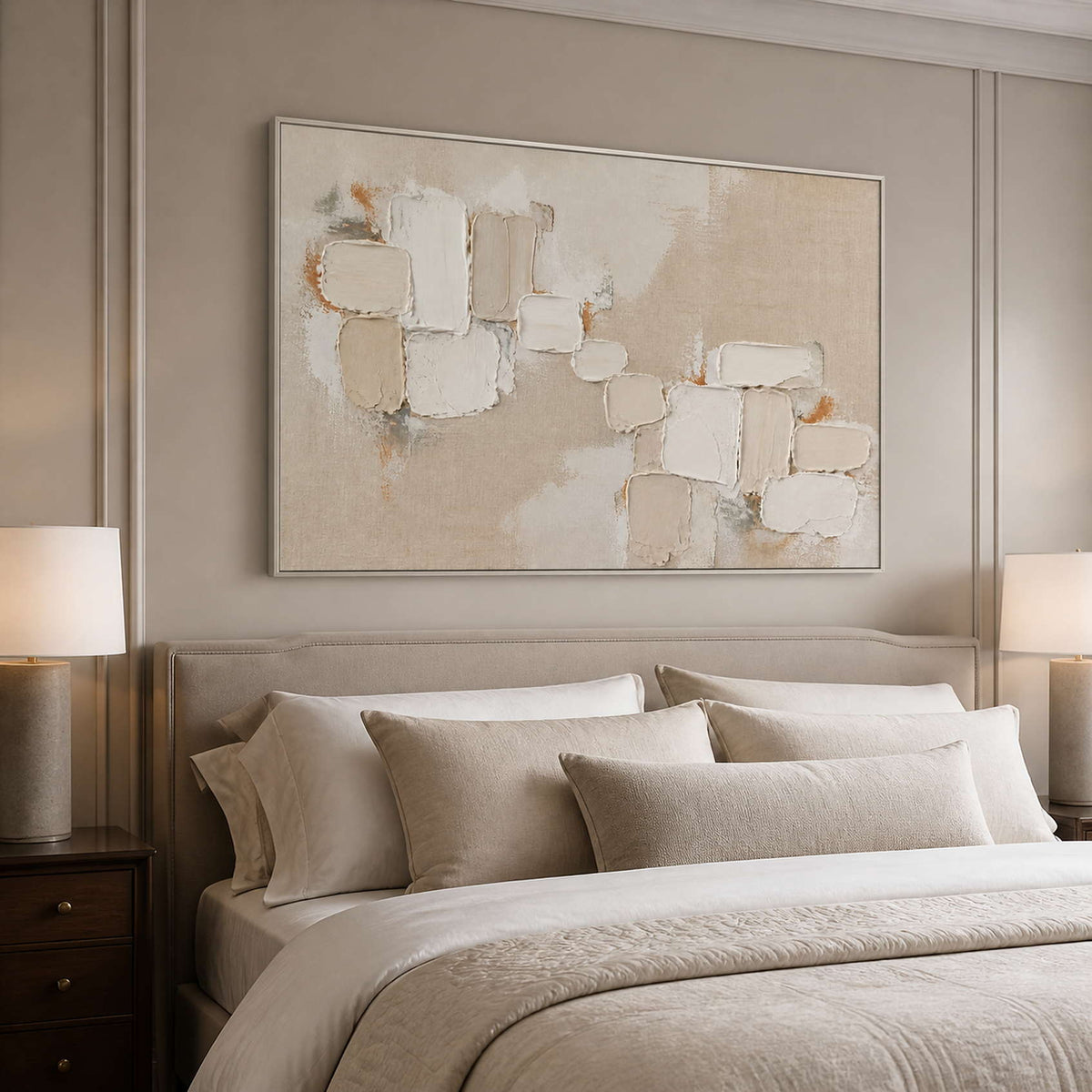 Calm ivory abstract wall art above a refined bedroom bed with a silver frame.