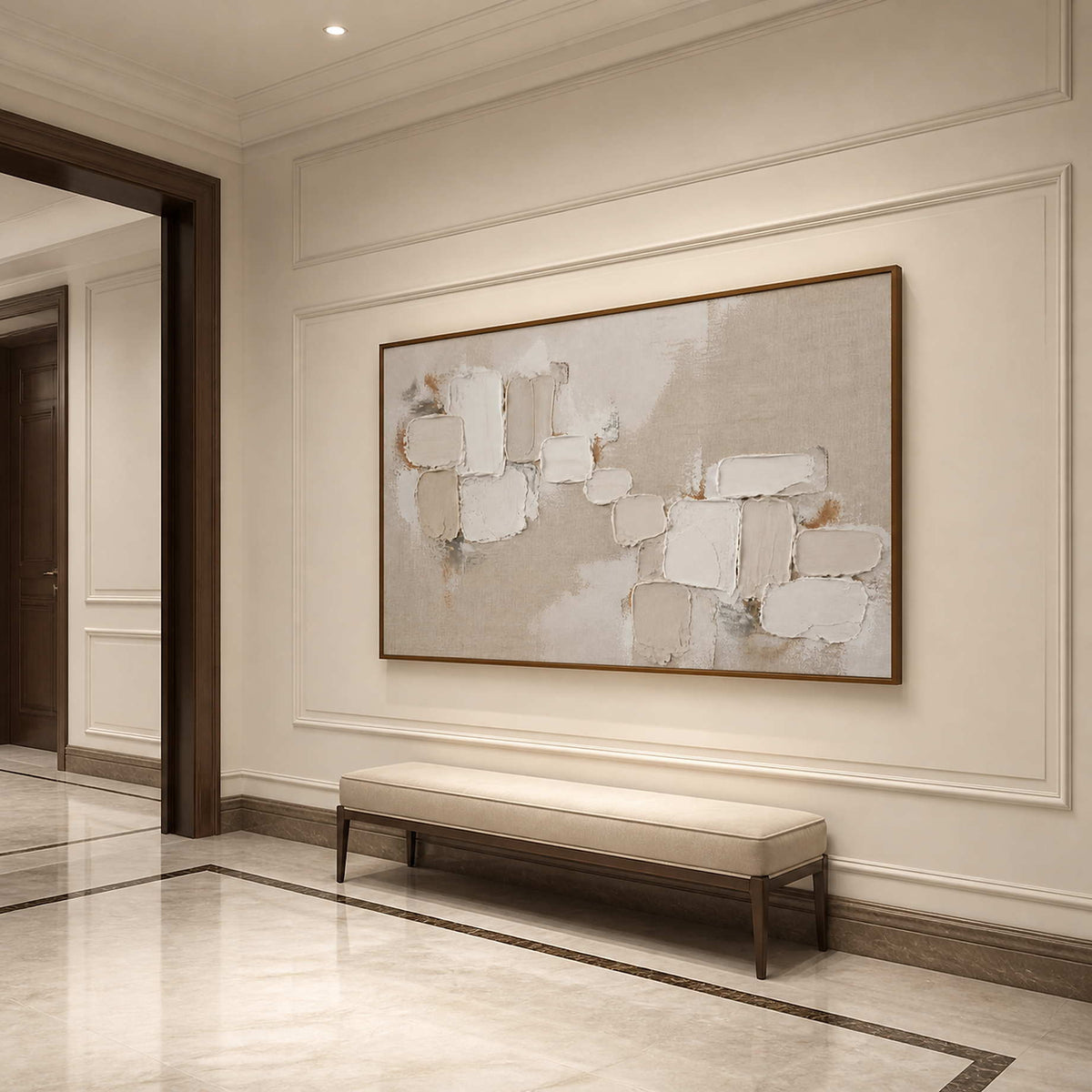 Horizontal textured wall art in a luxury entryway with a wood frame.