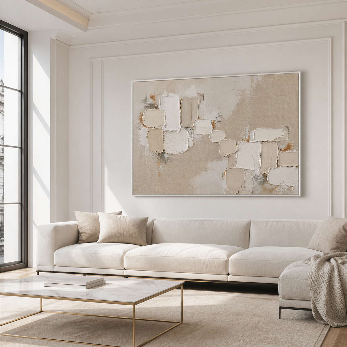 Quiet Blocks Across Linen wall art in a bright neutral living room.
