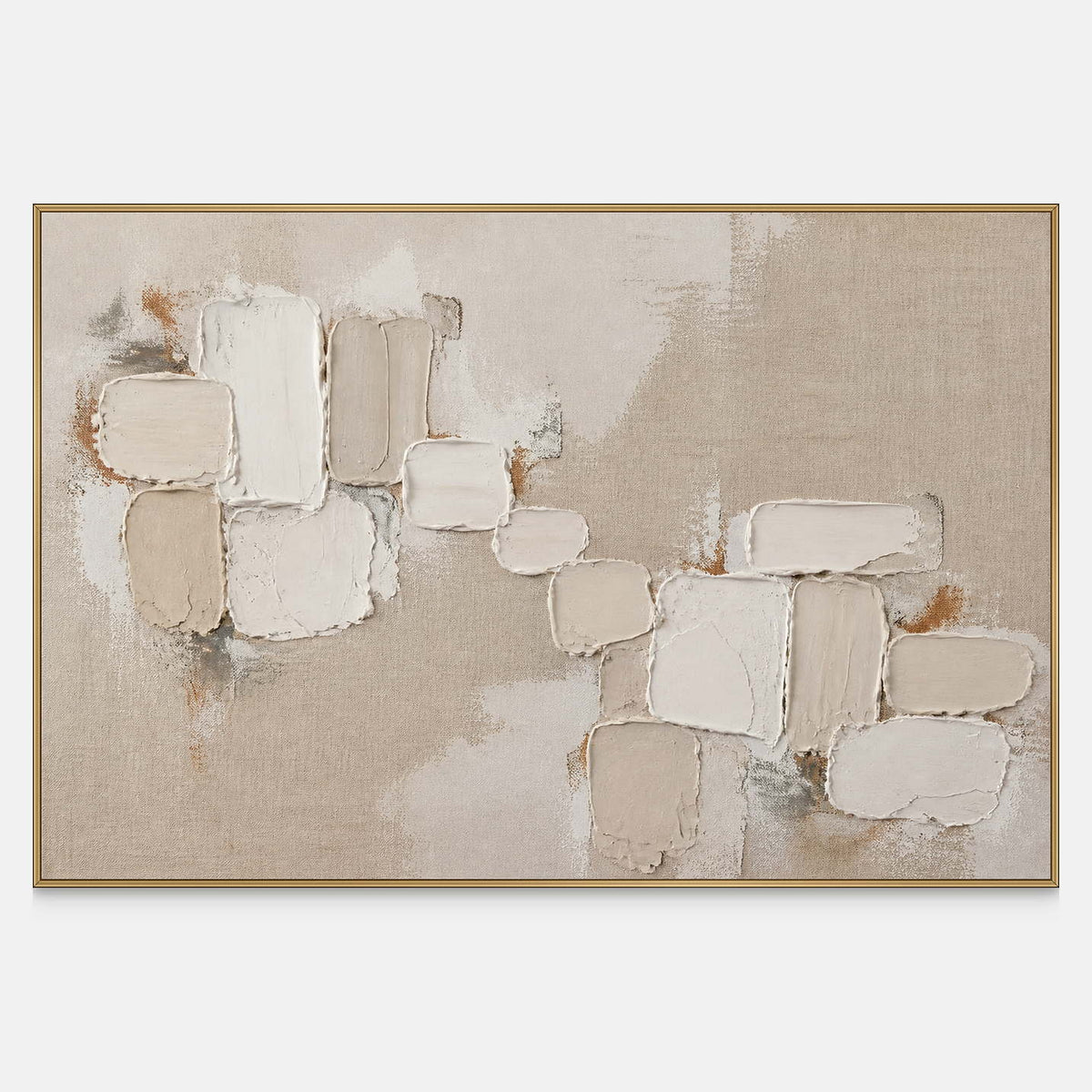 Hand-painted textured abstract wall art with raised ivory and taupe blocks.