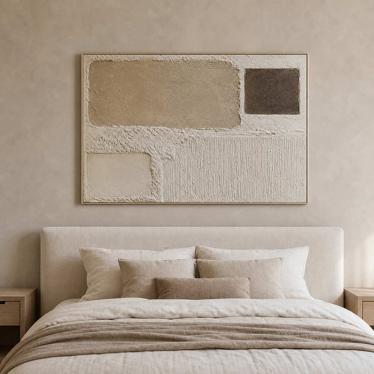 Wabi-Sabi Abstract Wall Art displayed in a refined bedroom.