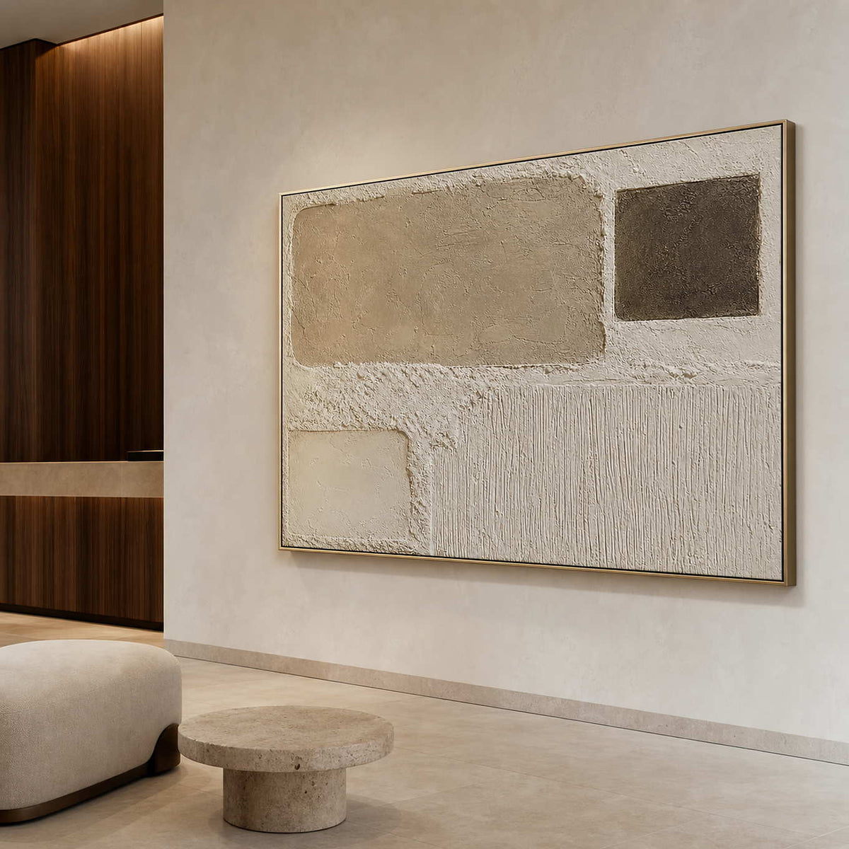 Wabi-Sabi Abstract Wall Art displayed in a refined hospitality lounge.