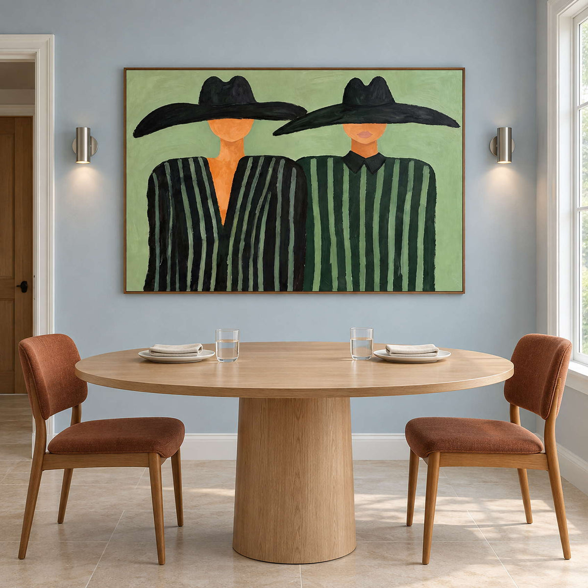 Black-hatted figures behind a round table with rust-colored chairs.