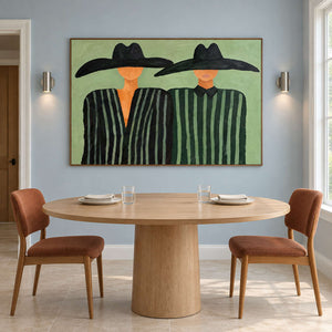 Black-hatted figures behind a round table with rust-colored chairs.