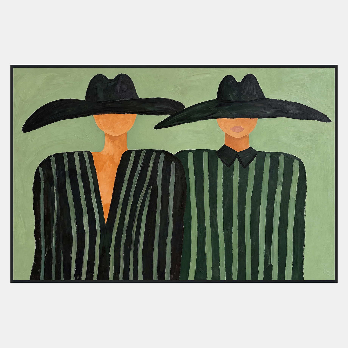 Two close-set figures under overlapping black hats, wearing green-striped dark clothing on a pale green background.