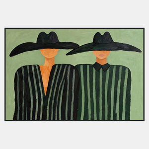 Two close-set figures under overlapping black hats, wearing green-striped dark clothing on a pale green background.