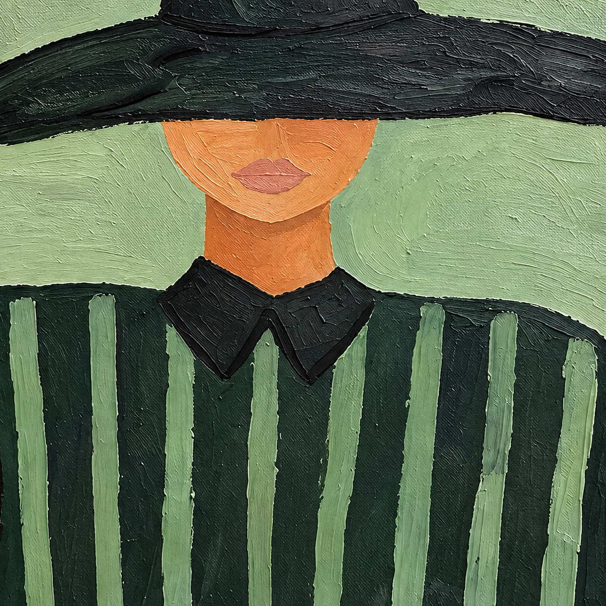 Close-up of the right figure's pink lips, black collar, and green stripes.