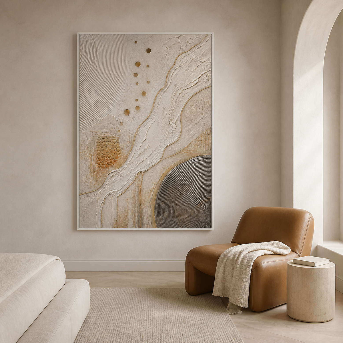 Ivory and gold organic currents wall art in a contemporary bedroom.