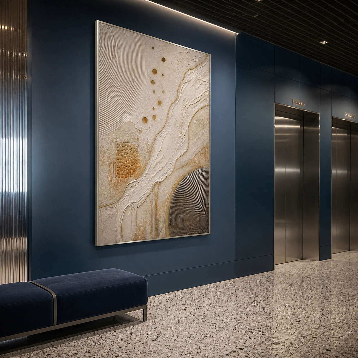 Ivory and gold organic currents wall art in a contemporary commercial lobby.