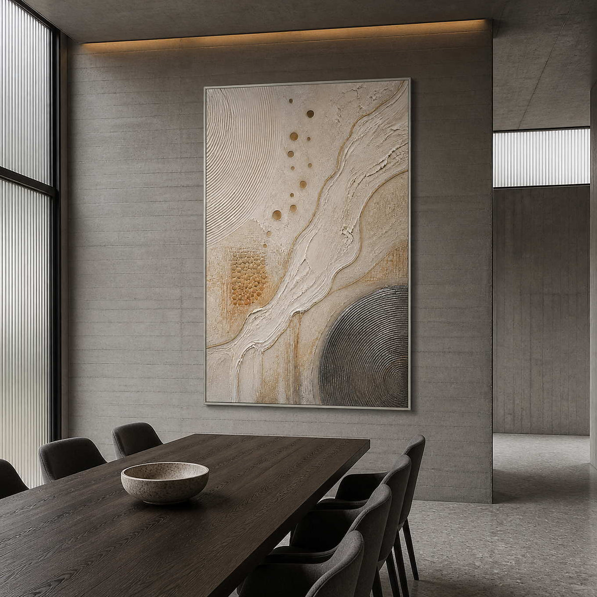 Ivory and gold organic currents wall art in a contemporary dining room.