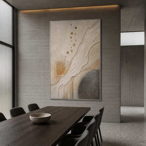 Ivory and gold organic currents wall art in a contemporary dining room.