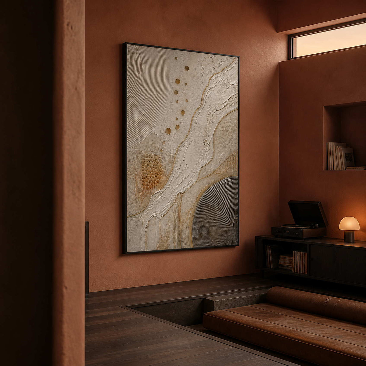 Ivory and gold organic currents wall art in a contemporary home office.