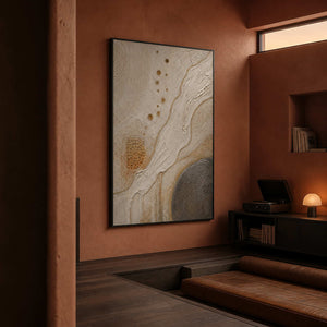 Ivory and gold organic currents wall art in a contemporary home office.