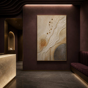Ivory and gold organic currents wall art in a contemporary hospitality lounge.