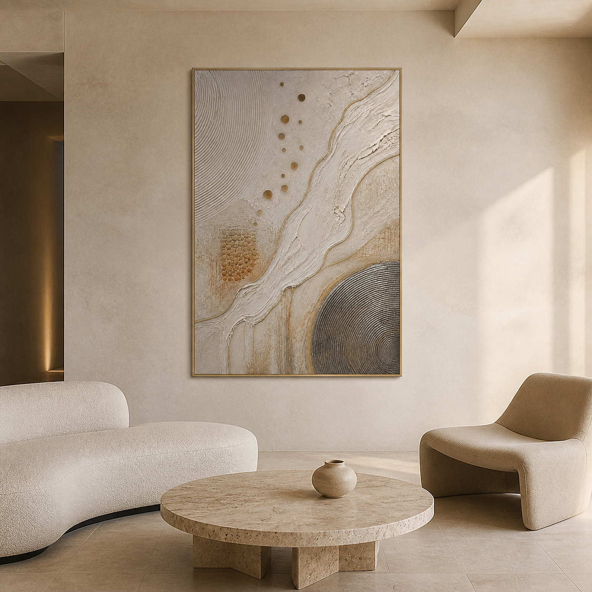 Ivory and gold organic currents wall art in a contemporary living room.