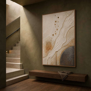 Ivory and gold organic currents wall art in a contemporary stair hall.