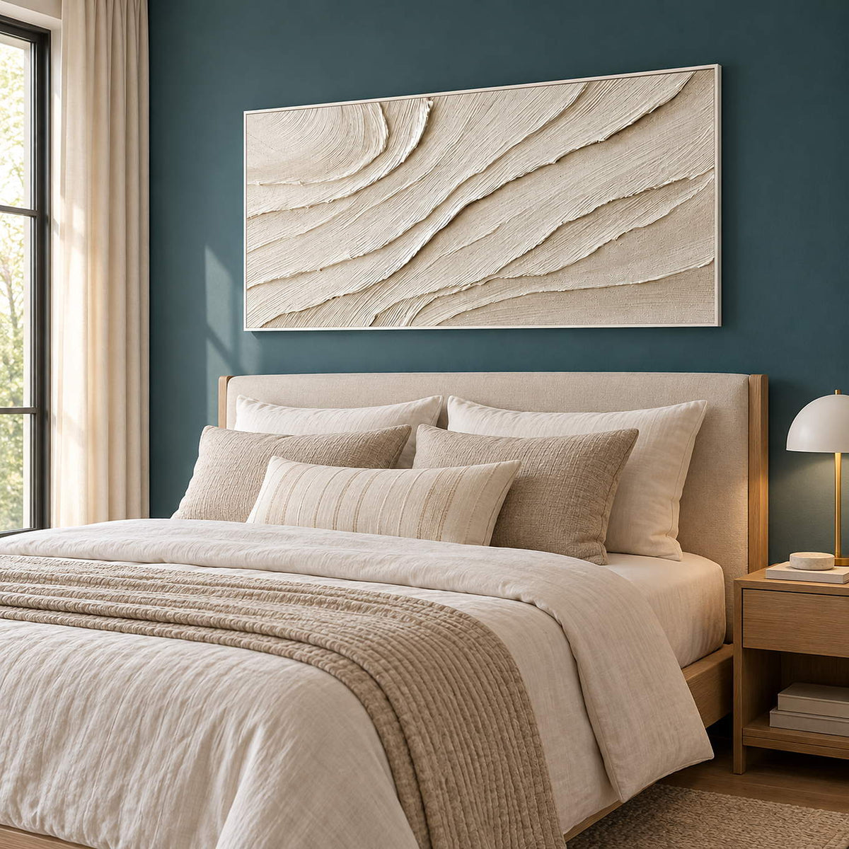 Panoramic ivory abstract wall art with layered flowing relief, displayed in a bedroom in a white frame.