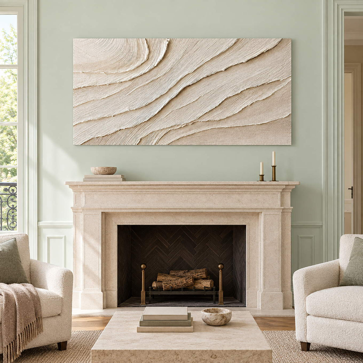Panoramic ivory abstract wall art with layered flowing relief, displayed beside or above a fireplace without an outer frame.