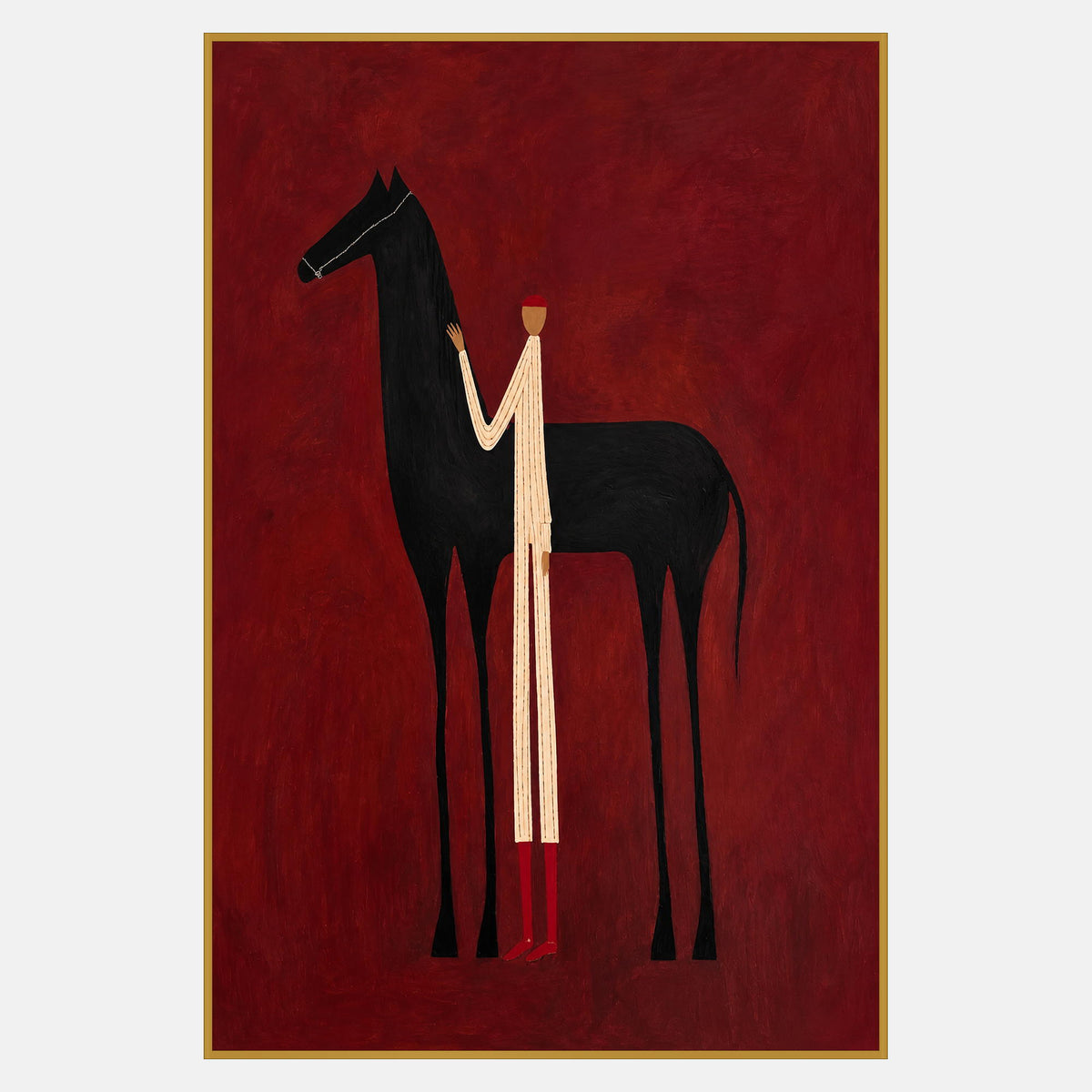 Slender cream-clad figure with a red cap and boots resting a hand on a tall black horse's neck against deep red.