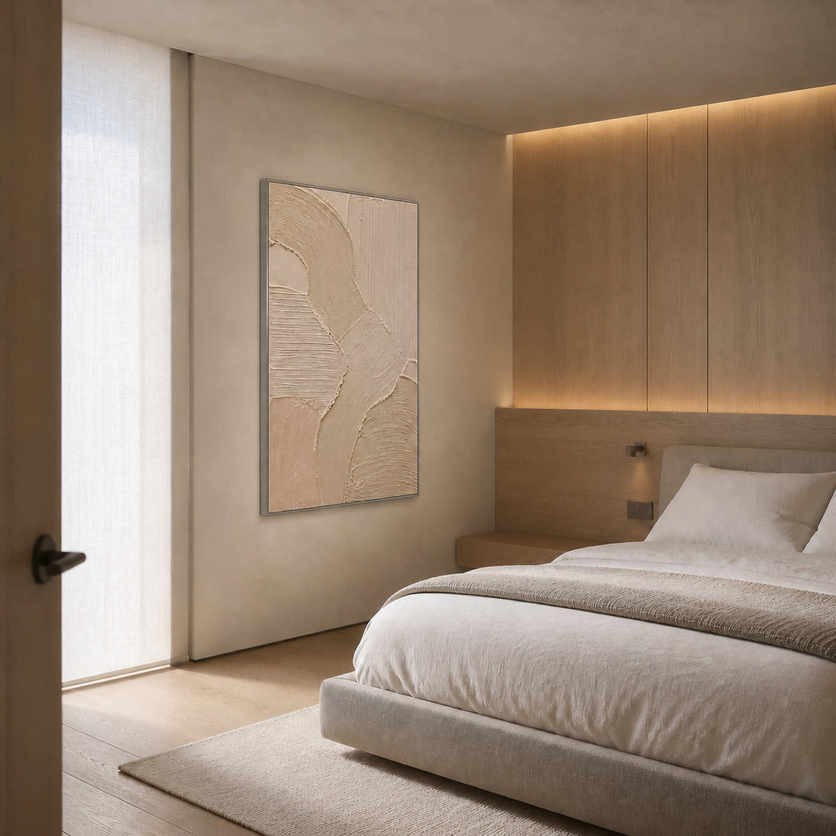 Soft ivory abstract wall art styled in a serene bedroom.