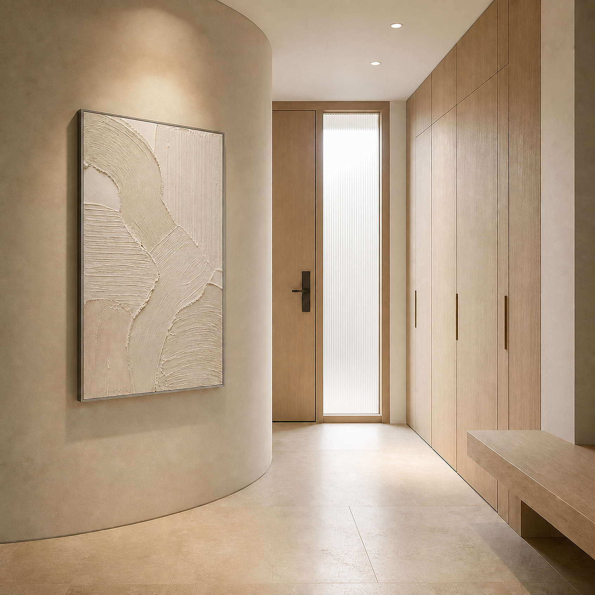 Textured minimalist canvas adding quiet form to a curved entryway.