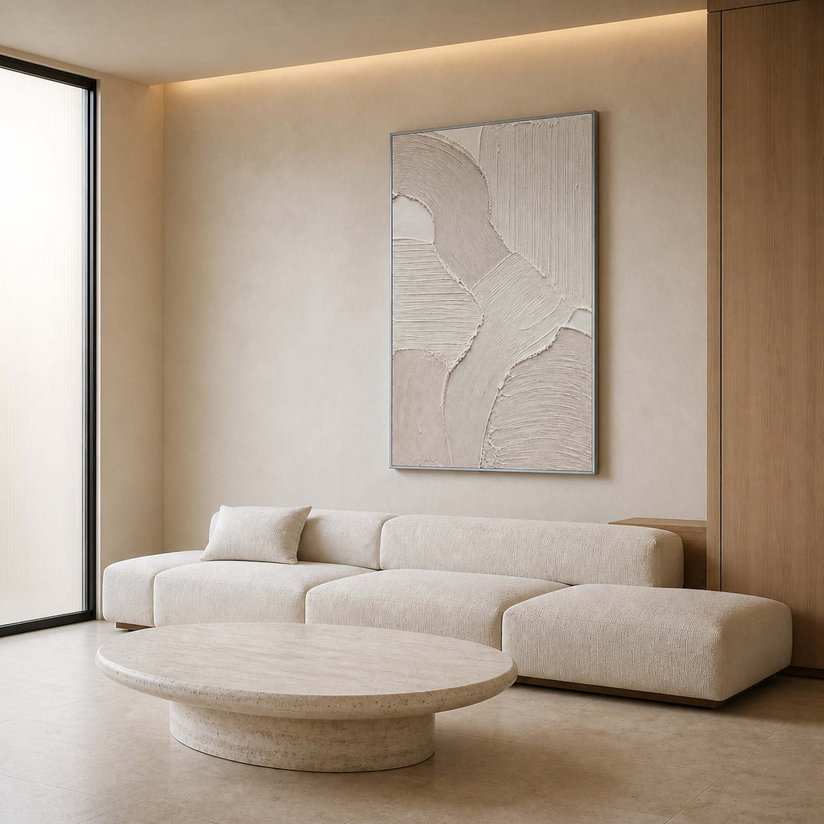 Ivory textured minimalist wall art in a warm modern living room.