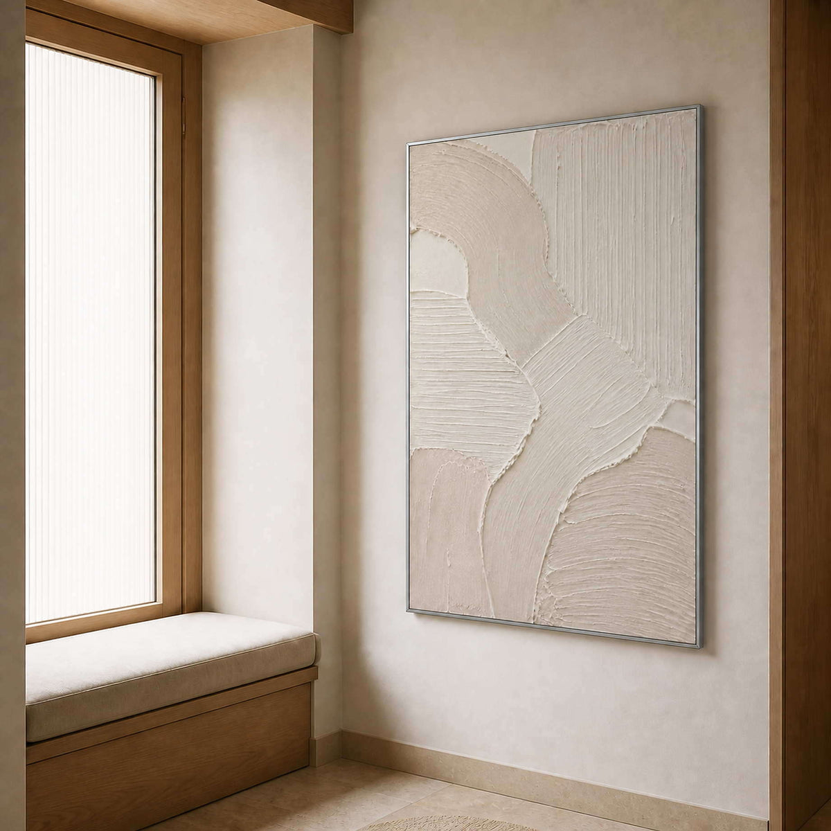 Pale textured canvas beside a wood-lined contemporary window nook.