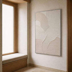 Pale textured canvas beside a wood-lined contemporary window nook.