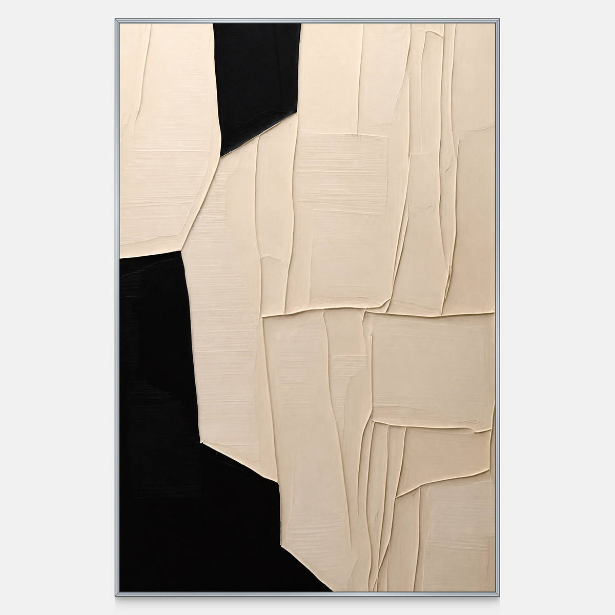 Vertical abstract artwork with overlapping cream panels and fine ridges against black.