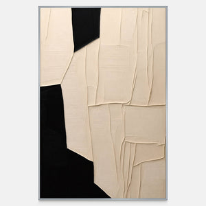 Vertical abstract artwork with overlapping cream panels and fine ridges against black.