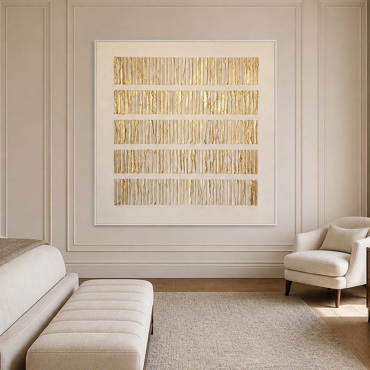 White framed gold ridged artwork above a cream bench beside an upholstered chair.