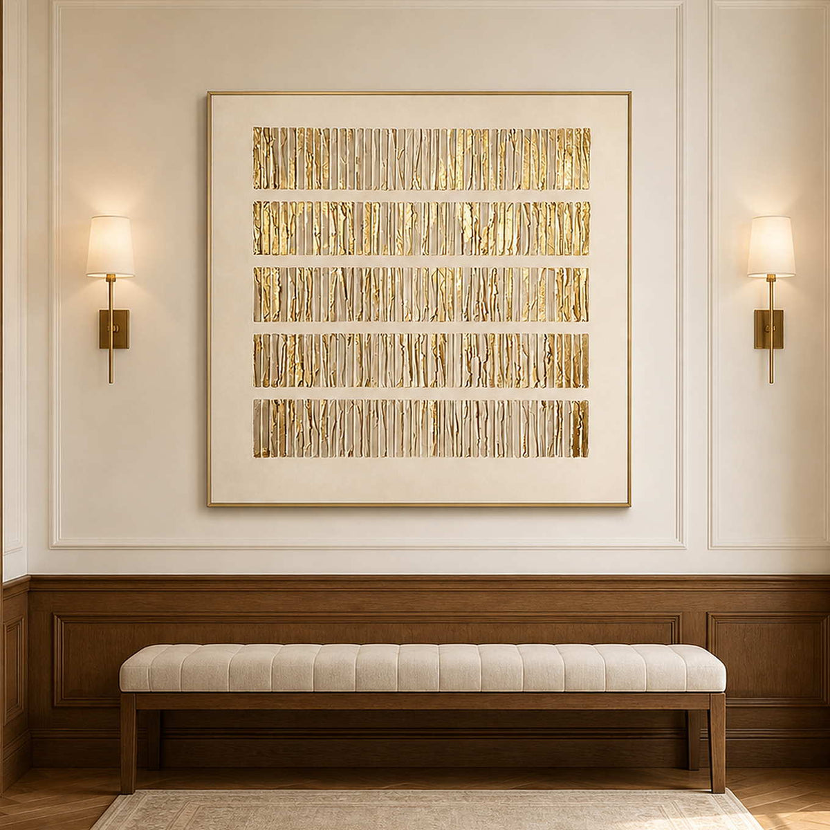 Gold framed textured artwork above a cream bench against paneled hallway walls.