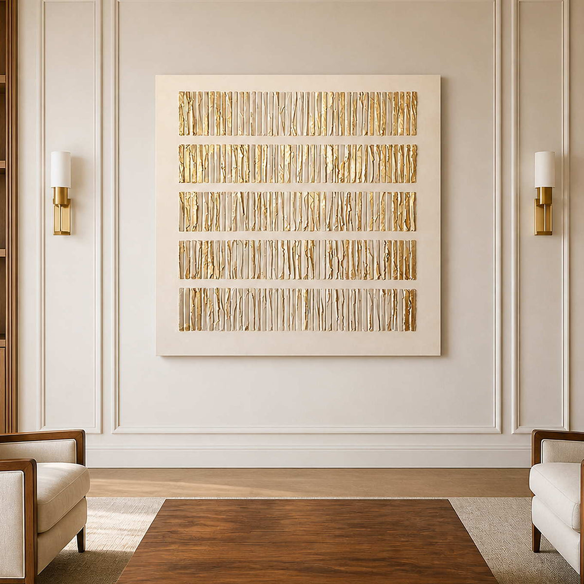 Frameless gold and cream ridged artwork between wall sconces in a sitting room.