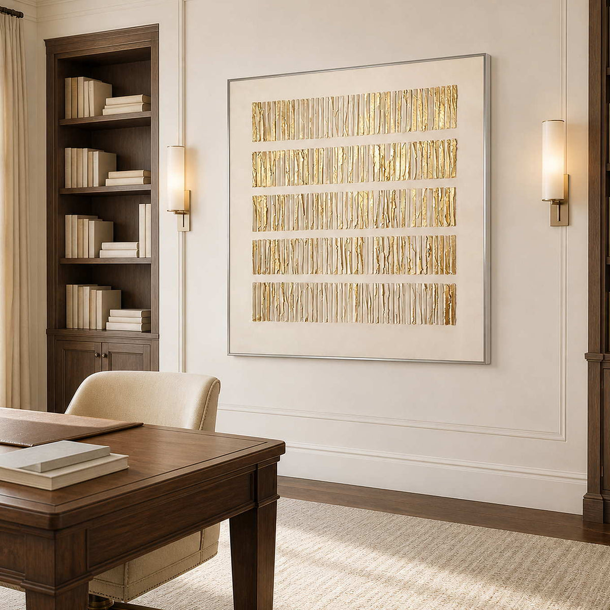 Silver framed gold and cream artwork beside bookshelves and a wooden study desk.