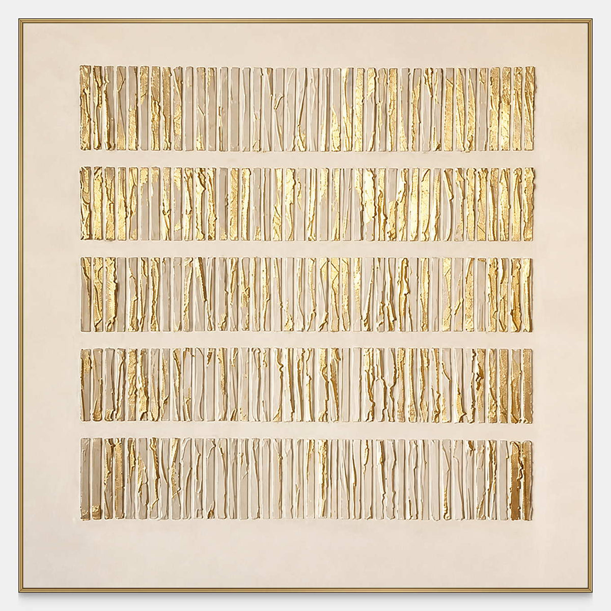 Square abstract artwork with five bands of gold-toned and pale vertical ridges.