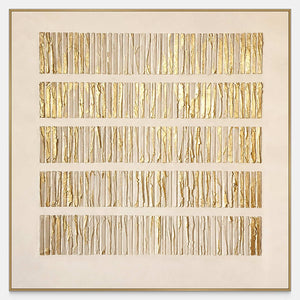 Square abstract artwork with five bands of gold-toned and pale vertical ridges.