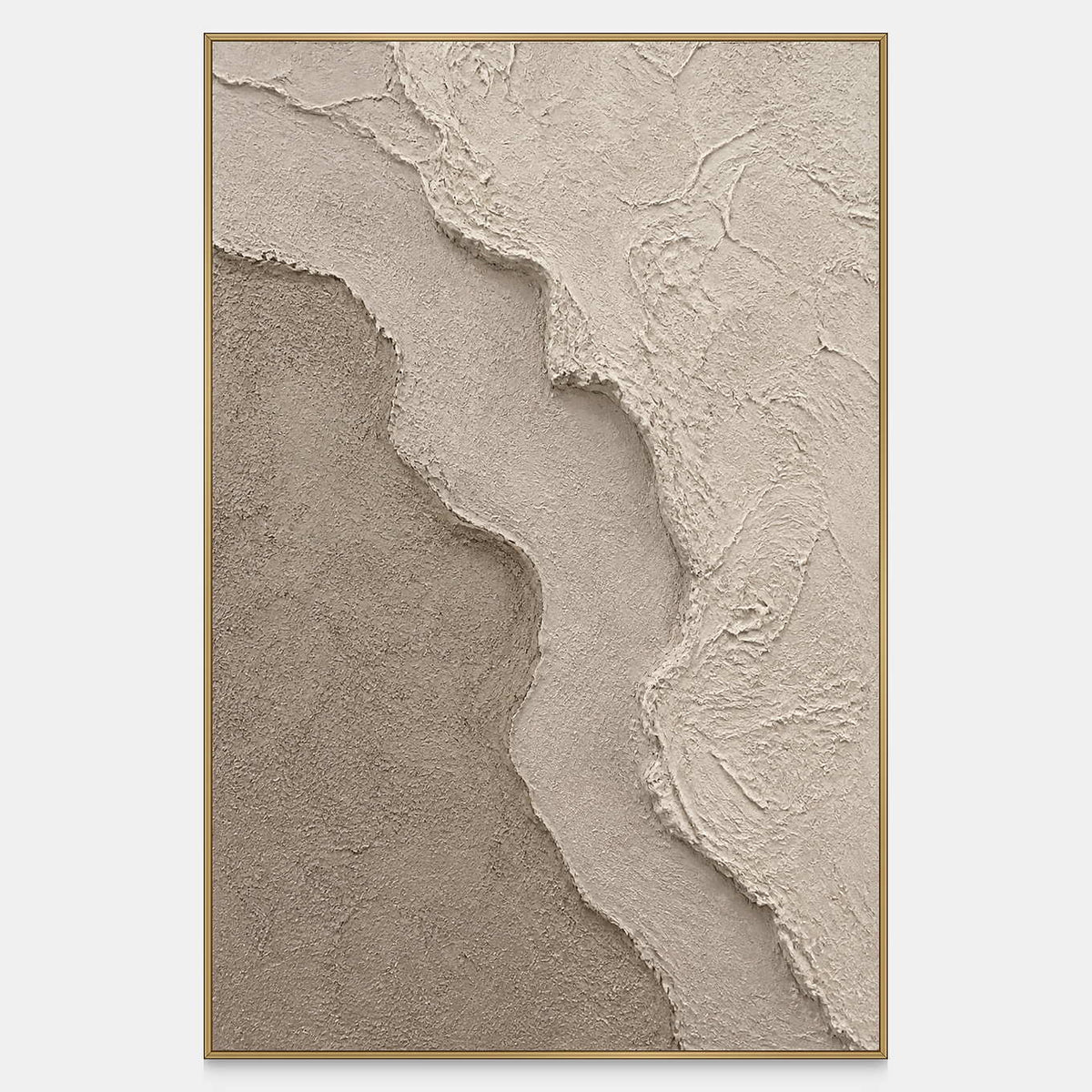 Hand-painted wabi sabi wall art with layered sand, taupe, and ivory relief.