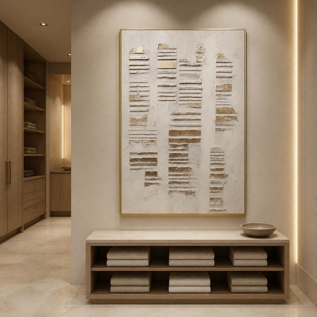 Quiet Lines Rise Through Stone in a gold-framed bathroom