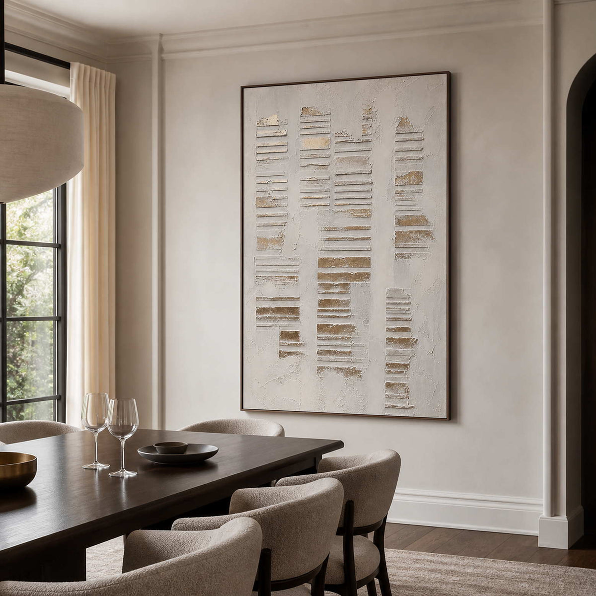 Quiet Lines Rise Through Stone in a wood-framed dining room