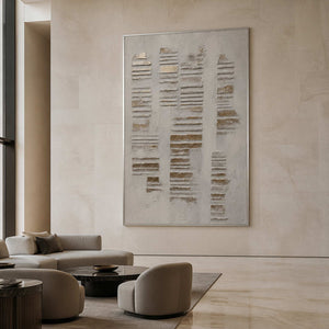 Quiet Lines Rise Through Stone in a silver-framed hotel lobby