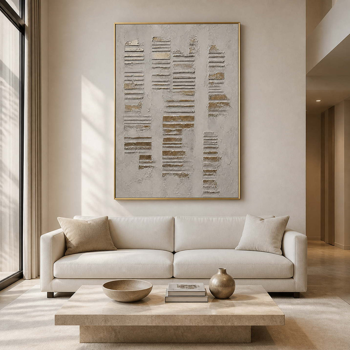 Quiet Lines Rise Through Stone in a gold-framed living room