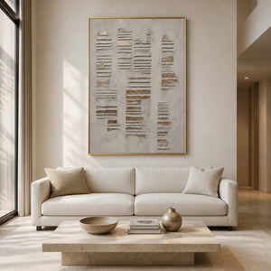 Quiet Lines Rise Through Stone in a gold-framed living room