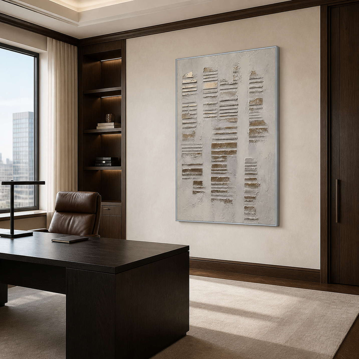 Quiet Lines Rise Through Stone in a silver-framed office