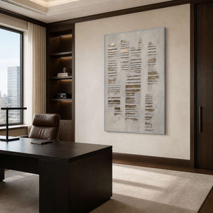 Quiet Lines Rise Through Stone in a silver-framed office