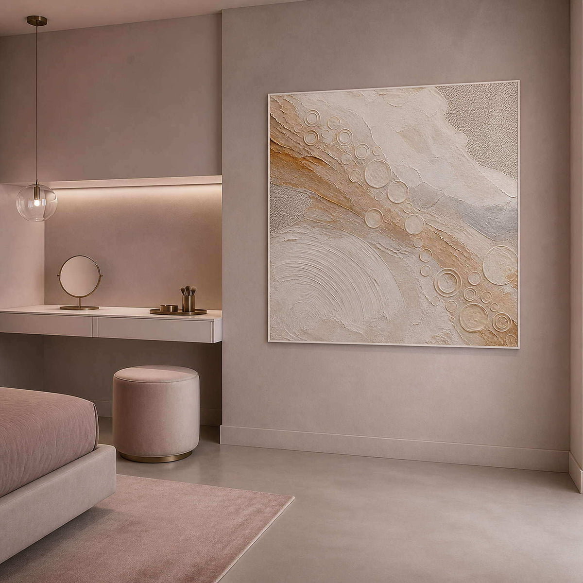 Quiet gold orbits across ivory wall art in a contemporary bedroom.