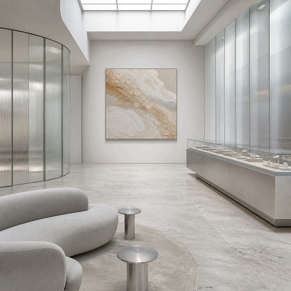 Quiet gold orbits across ivory wall art in a contemporary commercial lobby.