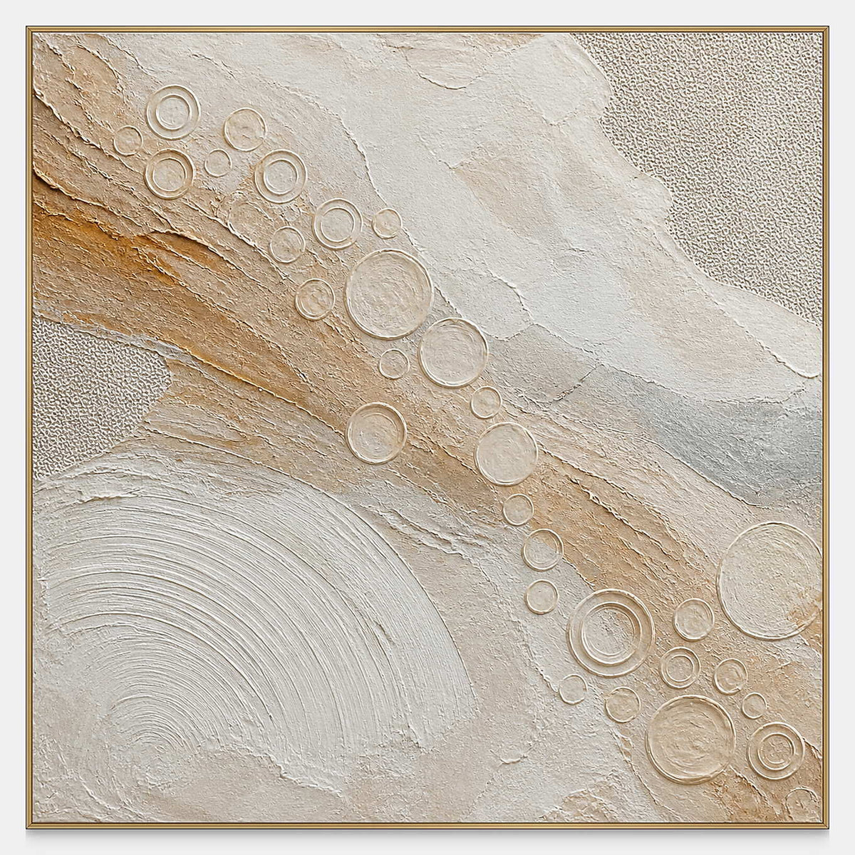 Hand-painted quiet gold orbits across ivory canvas with raised texture.