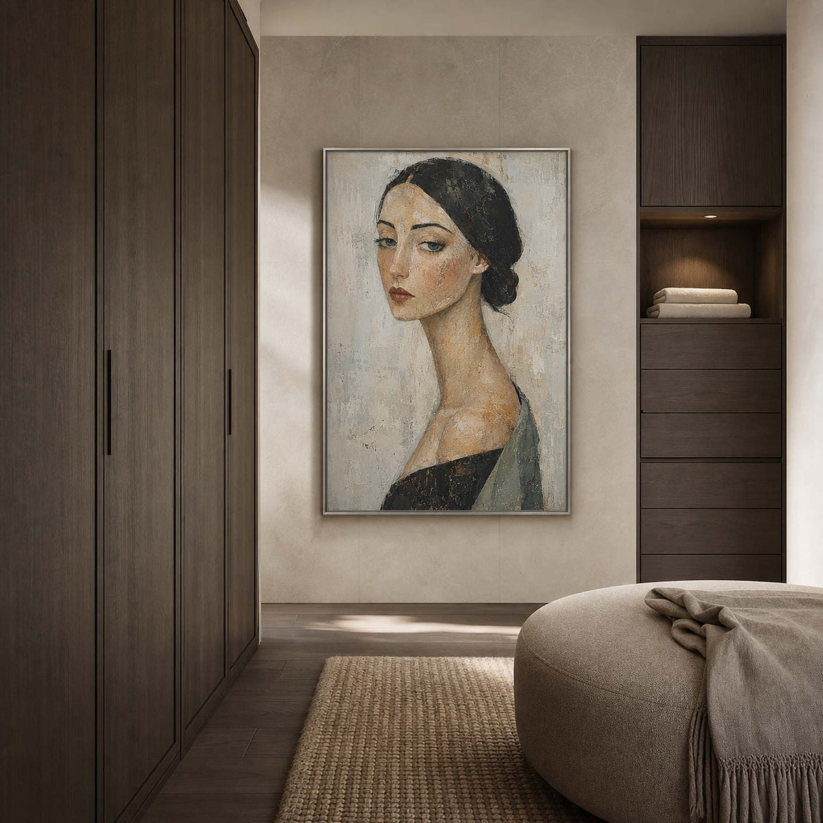 Modern Portrait Wall Art displayed in a refined bathroom.