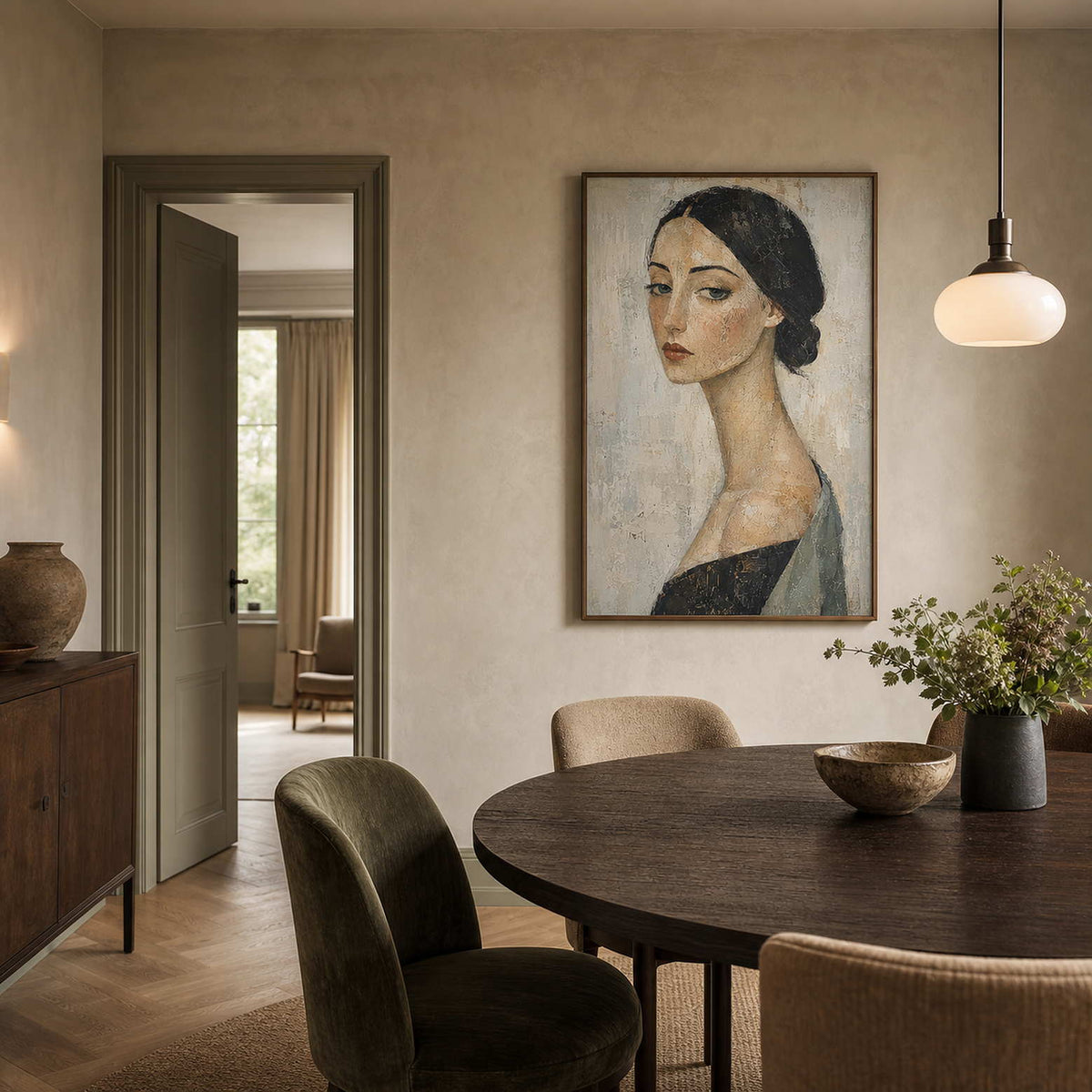 Modern Portrait Wall Art displayed in a refined dining room.