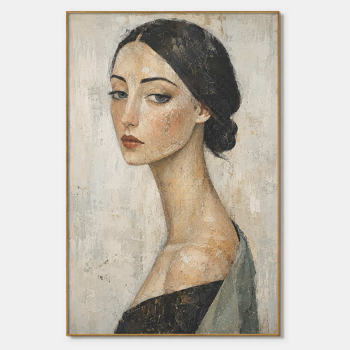 Hand-painted modern portrait wall art in neutral, warm tones, and black.